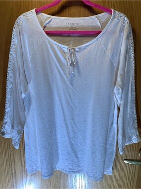 Talbots White Lace-Trim Tie-Neck Tunic Top -Size XL